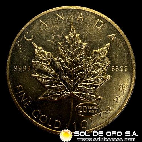 CANADA - 50 DOLLARS, 1999 - 20 ANIVERSARIO DE LA HOJA DE MAPLE - ELIZABETH II - MONEDA DE ORO