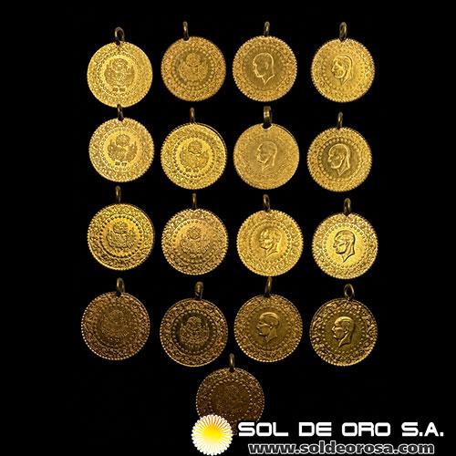 TURQUIA - 25 KURUSH - DIFERENTES AÑOS - LOTE DE 17 MONEDA DE ORO