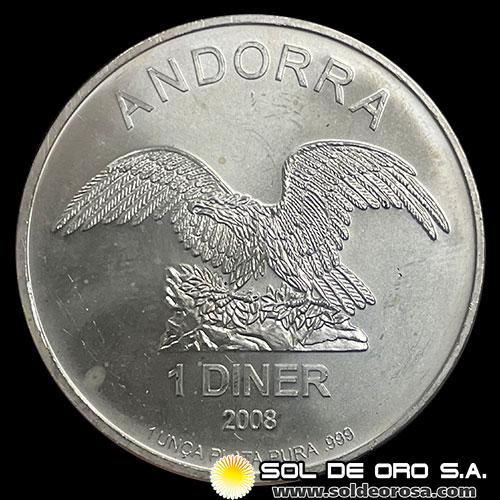 ANDORRA - 1 DINER, 2008 - TUBO DE 20 ONZAS DE PLATA PURA