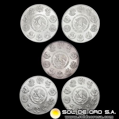 ESTADOS UNIDOS MEXICANOS - LIBERTY, 2011 - LOTE DE 5 ONZAS DE PLATA