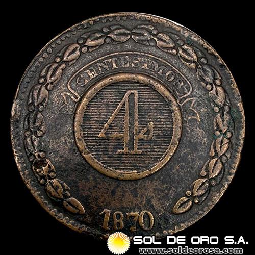 NUMIS - MONEDAS DEL PARAGUAY - 1870 - 4 CENTESIMOS - VARIANTE SIN MOÑO - REPUBLICA DEL PARAGUAY