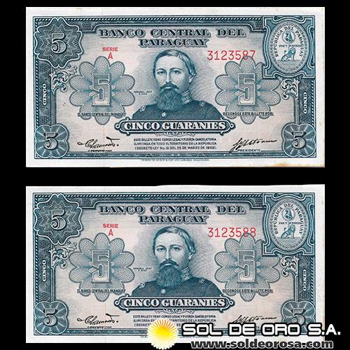 NUMIS - BILLETES DEL PARAGUAY - 1952 - CINCO GUARANIES (MC204.b2) - FIRMAS: PEDRO R. CHAMORRO - GUSTAVO STORM - SIN HILO DE SEGURIDAD - BANCO CENTRAL DEL PARAGUAY