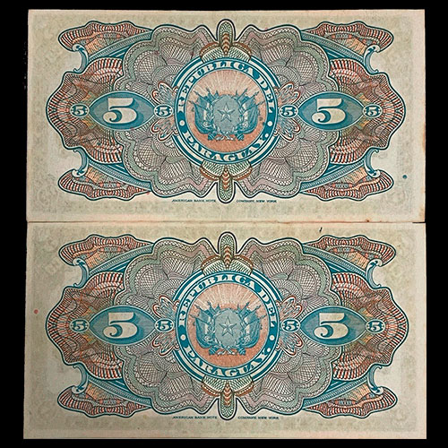 NUMIS - BILLETES DEL PARAGUAY - 1936 - CINCO PESOS FUERTES (MC188.c) - FIRMAS: EVELIO GONZALEZ - FRANCISCO CHAVEZ - NUMEROS CORRELATIVOS - BANCO DE LA REPUBLICA DEL PARAGUAY