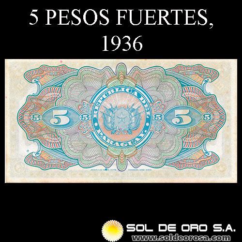 NUMIS - BILLETES DEL PARAGUAY - 1936 - CINCO PESOS FUERTES (MC188.c) - FIRMAS: EVELIO GONZALEZ - FRANCISCO CHAVEZ - BANCO DE LA REPUBLICA DEL PARAGUAY