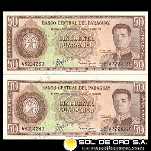 NUMIS - BILLETES DEL PARAGUAY - 1963 - CINCUENTA GUARANIES (MC213.b1) - FIRMAS: AUGUSTO COLMAN VILLAMAYOR - CESAR ROMEO ACOSTA - VARIANTE ABAJO-ABAJO - NUMEROS CORRELATIVOS - BANCO CENTRAL DLE PARAGUAY