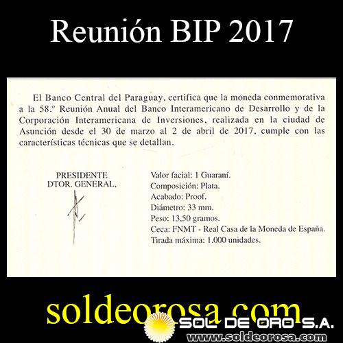 SIN STOCK - PARAGUAY - 1 GUARANI, 2017 - 58ma REUNION ANUAL DEL BANCO INTERAMERICANO DE DESARROLLO Y DE LA CORPORACION INTERAMERICANA DE INVERSIONES - MONEDA DE PLATA