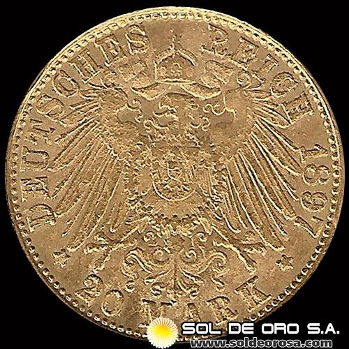 ALEMANIA - 20 MARK - WILHELM II DEUTSCHER KAISER KONIG V. PREUSSEN - 1897 - MONEDA DE ORO