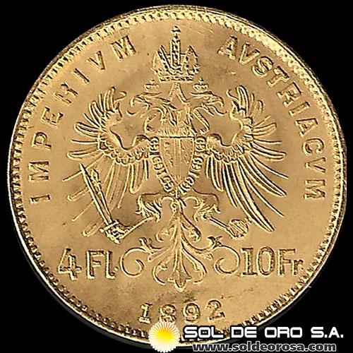 AUSTRIA / IMPERIVM AVSTRIACVM - 8 FLORINES / 20 FRANCOS, 1892 - MONEDA DE ORO 