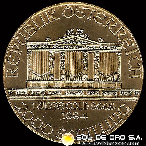 AUSTRIA - REPUBLIK OSTERREICH - 2.000 SCHILLING, 1990 - MONEDA / ONZA DE ORO 999