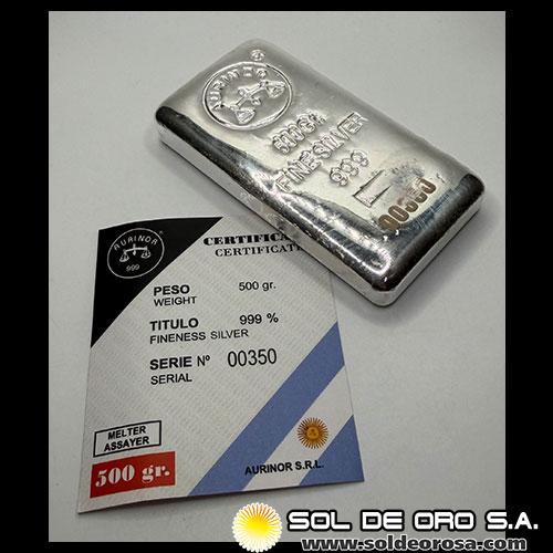 AURINOR - 500 GRAMOS - BARRA DE PLATA 999