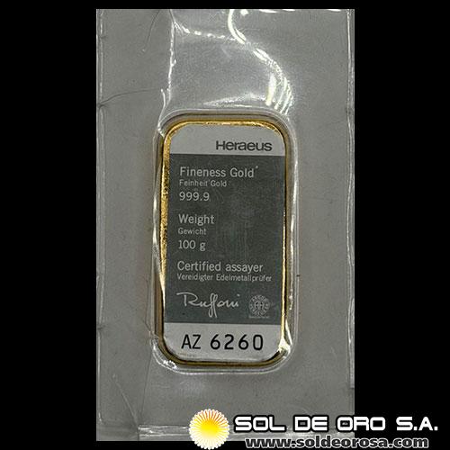 HERAEUS - 100 GRAMOS - FEINGOLD - BARRA DE ORO 24K