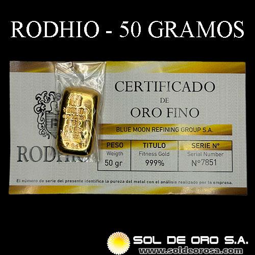 RODHIO - BLUE MOON REFINING - 50 GRAMOS - BARRA DE ORO 24K