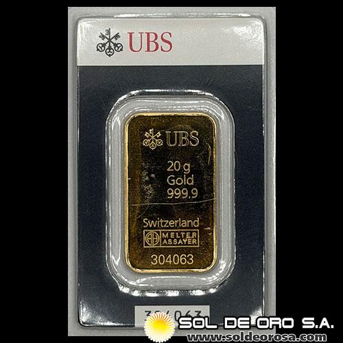 UBS - UNION BANK OF SWITZERLAND - 20 GRAMOS - BARRA DE ORO 999