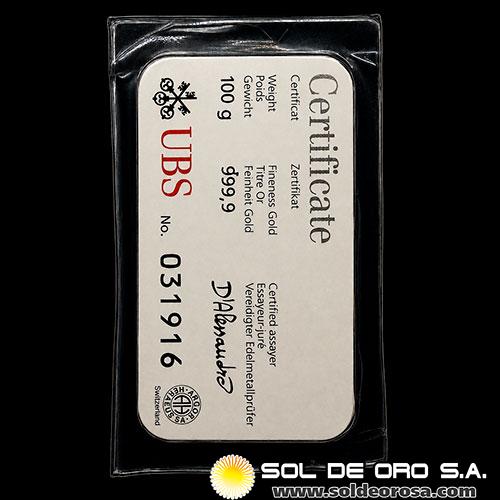 UBS - UNION BANK OF SWITZERLAND - 100 GRAMOS - BARRA DE ORO 999
