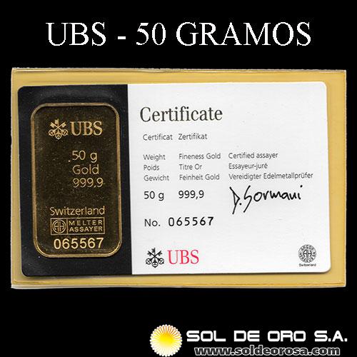 UBS - UNION BANK OF SWITZERLAND - 50 GRAMOS - BARRA DE ORO 999