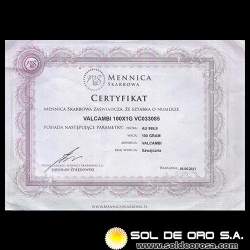 VALCAMBI SUISSE - 100 GRAMOS - COMBIBAR DE ORO 24K