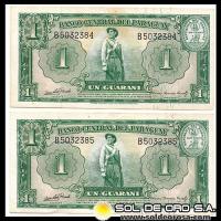 NUMIS - BILLETES DEL PARAGUAY - 1952 - UN GUARANI (MC203.f) - FIRMAS: OSCAR STARK RIVAROLA - CESAR ROMEO ACOSTA - BILLETES CORRELATIVOS - BANCO CENTRAL DEL PARAGUAY