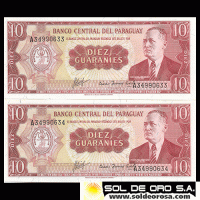 NUMIS - BILLETES DEL PARAGUAY - 1963 - DIEZ GUARANIES (MC212.b3) - FIRMAS: AUGUSTO COLMAN VILLAMAYOR - CESAR ROMEO ACOSTA - NUMEROS CORRELATIVOS - BANCO CENTRAL DEL PARAGUAY