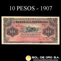 	NUMIS - BILLETES DEL PARAGUAY - 1907 - DIEZ PESOS (MC161.a) - FIRMAS: M. VIVEROS - SOLER RIOS - EL BANCO DE LA REPUBLICA