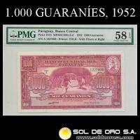 NUMIS - BILLETES DEL PARAGUAY - 1952 - MIL GUARANIES (MC209.d) - FIRMAS: OSCAR STARK RIVAROLA - CESAR ROMEO ACOSTA - ENCAPSULADO PMG 58 - BANCO CENTRAL DEL PARAGUAY