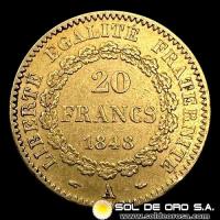FRANCIA - REPUBLIQUE FRANCAISE - 20 FRANCOS, TIPO ANGEL ESCRIBIENDO - 1848 - MONEDA DE ORO