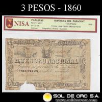NUMIS - BILLETES DEL PARAGUAY - 1860 - TRES PESOS (MC21) - FIRMAS: JOSE FALCON - MANUEL FERRIOL - ENCAPSULADO PCGS - TESORO NACIONAL