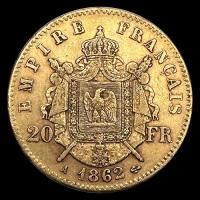 FRANCIA - EMPIRE FRANCAISE - 20 FRANCOS, 1862 - MONEDA DE ORO