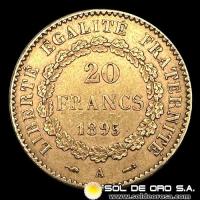 FRANCIA - REPUBLIQUE FRANCAISE - 20 FRANCOS, ANGEL ESCRIBIENDO - 1895 - MONEDA DE ORO
