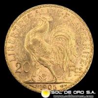 FRANCIA - REPUBLIQUE FRANCAISE - 20 FRANCOS, TIPO ROOSTER - 1905 - MONEDA DE ORO