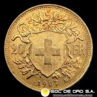 SUIZA - 20 FRANCOS, VRENELLI - 1907 - MONEDA DE ORO
