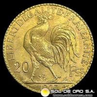FRANCIA - REPUBLIQUE FRANCAISE - 20 FRANCOS, TIPO ROOSTER, 1907 - MONEDA DE ORO