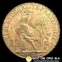 FRANCIA - REPUBLIQUE FRANCAISE - 20 FRANCOS, TIPO ROOSTER - 1908 - MONEDA DE ORO