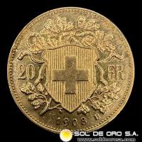 SUIZA - 20 FRANCOS, VRENELLI - 1908 - MONEDA DE ORO