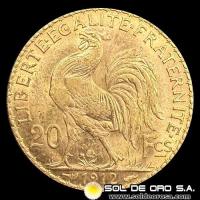 FRANCIA - REPUBLIQUE FRANCAISE - 20 FRANCOS, TIPO ROOSTER - 1912 - MONEDA DE ORO