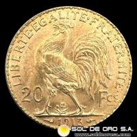 FRANCIA - 20 FRANCOS, TIPO ROOSTER, 1913 - MONEDA DE ORO