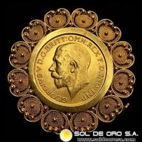 INGLATERRA - SOVEREIGN, LIBRA INGLESA (GEORGE V) - 1913 - PRENDEDOR 18K - MONEDA DE ORO