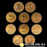 SUDAFRICA - 1/10 oz., KRUGERRAND - DIFFERENT YEARS - LOTE DE 10 MONEDAS DE 1/10 ONZAS
