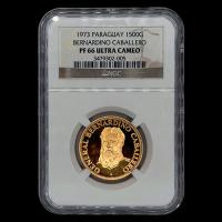 STAL - PARAGUAY - PM 102 (ENCAPSULADO) - 1.500 GUARANIES, 1973 - Motivo: GENERAL BERNARDINO CABALLERO - MONEDAS CONMEMORATIVAS DE ORO