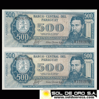 NUMIS - BILLETES DEL PARAGUAY - 1981 - QUINIENTOS GUARANIES (MC 217.a) - FIRMAS: AUGUSTO COLMAN VILLAMAYOR - CESAR ROMEO ACOSTA - NUMEROS CORRELATIVOS - BANCO CENTRAL DEL PARAGUAY