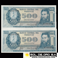 NUMIS - BILLETES DEL PARAGUAY - 1981 - QUINIENTOS GUARANIES (MC 217.a) - FIRMAS: AUGUSTO COLMAN VILLAMAYOR - CESAR ROMEO ACOSTA - NUMEROS CORRELATIVOS - BANCO CENTRAL DEL PARAGUAY