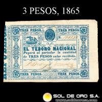 NUMIS - BILLETES DEL PARAGUAY - 1865 - TRES PESOS (MC31.b) - FIRMAS: PASCUAL BEDOYA - V. DENTELLOS - TESORO NACIONAL