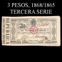 NUMIS - BILLETES DEL PARAGUAY - 1868 - TRES PESOS (A.A.1) - FIRMAS: AGUSTIN TRIGO - V. DENTELLOS - TERCERA SERIE - TESORO NACIONAL