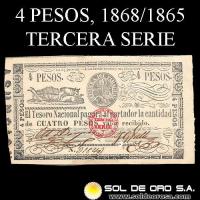 NUMIS - BILLETES DEL PARAGUAY - 1868 - CUATRO PESOS (A.A.2) - FIRMAS: M. PEREZ - JUAN G. VALLE - TERCERA SERIE - TESORO NACIONAL