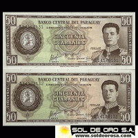 NUMIS - BILLETES DEL PARAGUAY - 1963 - CINCUENTA GUARANIES (MC213.b4) - FIRMAS: AUGUSTO COLMAN VILLAMAYOR - CESAR ROMEO ACOSTA - NUMEROS CORRELATIVOS - BANCO CENTRAL DLE PARAGUAY